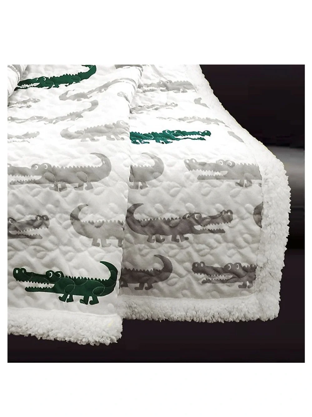 Lush Decor Alligator Sherpa Throw Blanket - White with Gray & Green Alligators